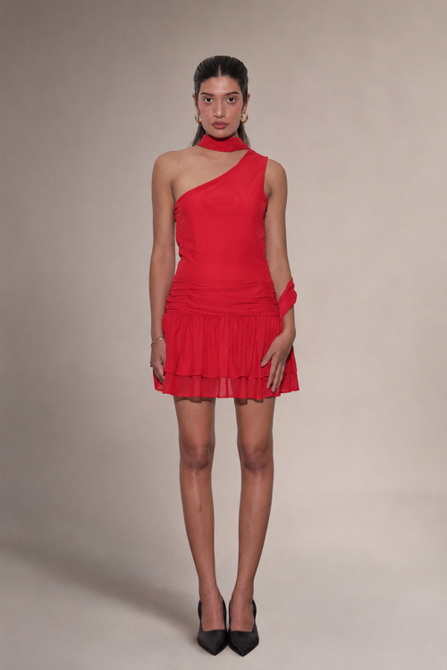 Tell a Tayl Valentina red one-shoulder dress front view 